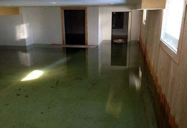 A finished basement under standing water, pine board paneling darkened along the bottom, two open doorways and daylight reflecting off the water